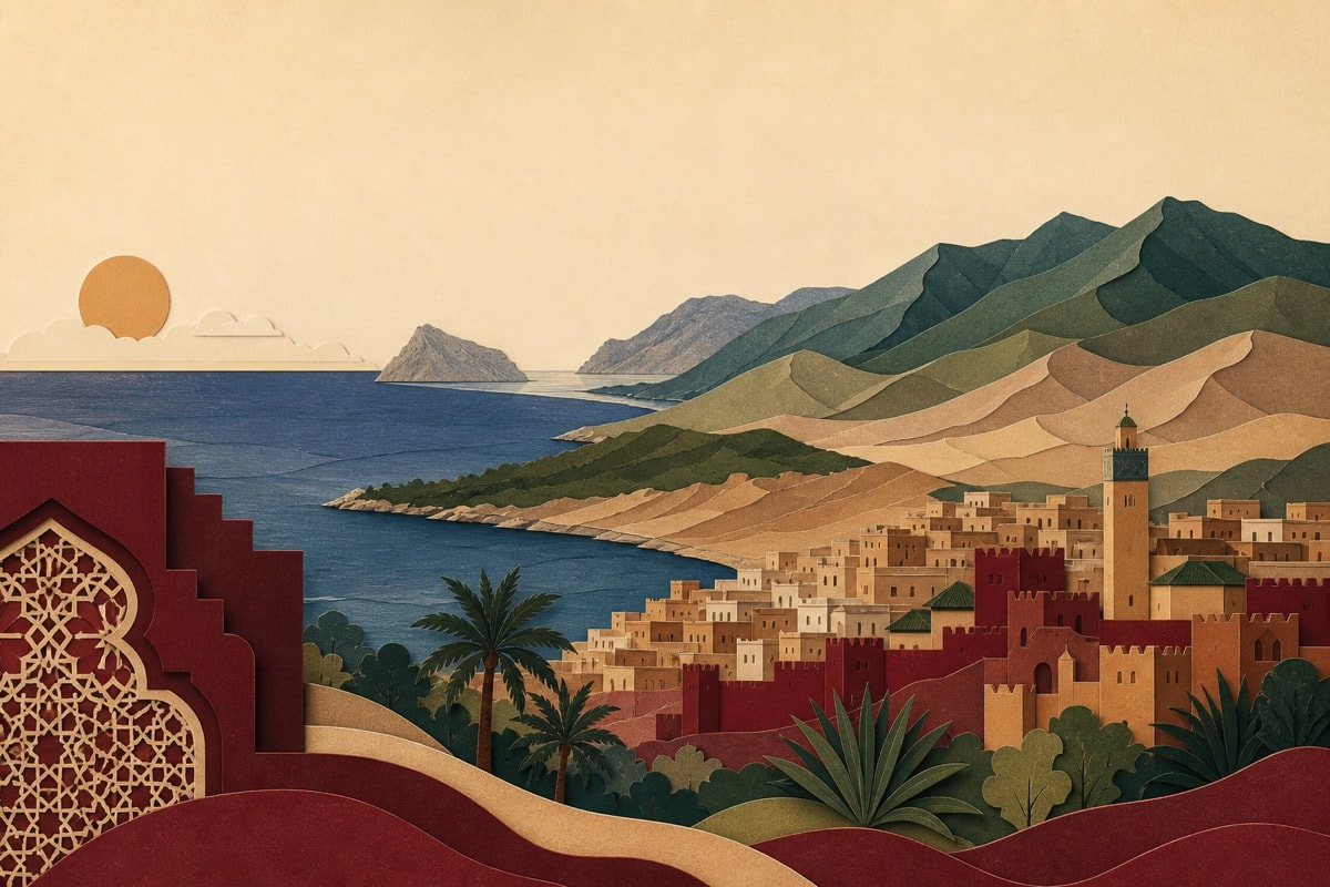 Ilustración editorial de un paisaje urbano marroquí